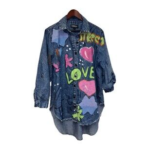 Thrill Jeans Women Denim Shirt 1X Acid Wash Graffiti Button Up Roll Tab Sleeve
